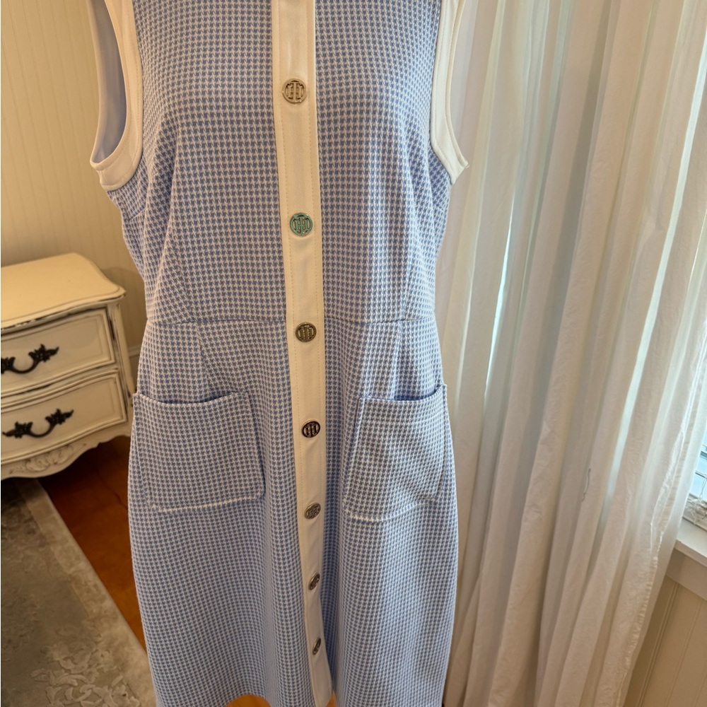 Tommy Hillfiger Blue and White Sleeveless Button-Down Dress